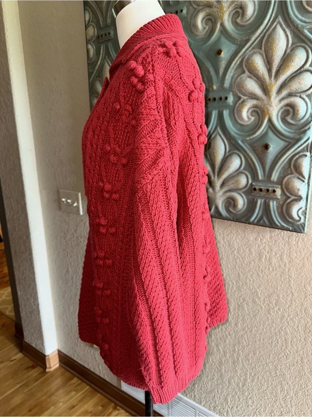 Vintage Gaeltarra Ireland Red Cotton Cable Knit Sweater Medium Irish Chunky - Picture 4 of 11